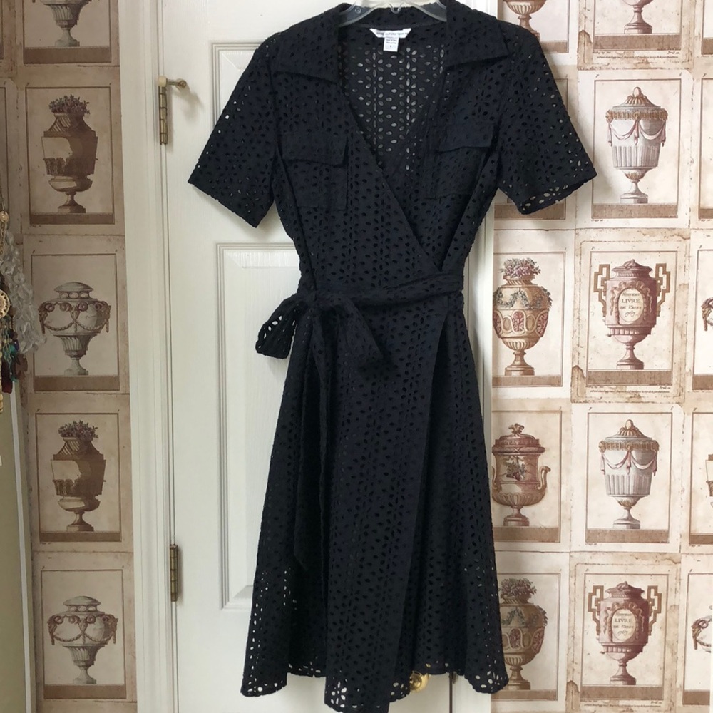 Diane von Furstenberg Black Eyelet Wrap Dress